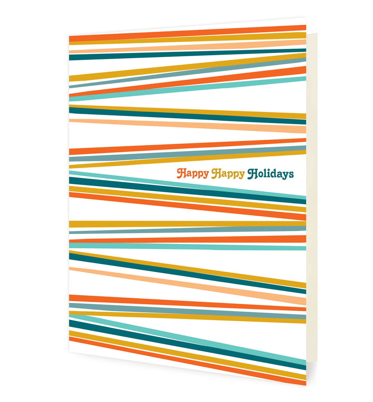 Happy Stripes folded paper holiday card featuring sweeping diagonal stripes in orange, teal, gold, peach and slate blue on a white background with the greeting "Happy Happy Holidays"
