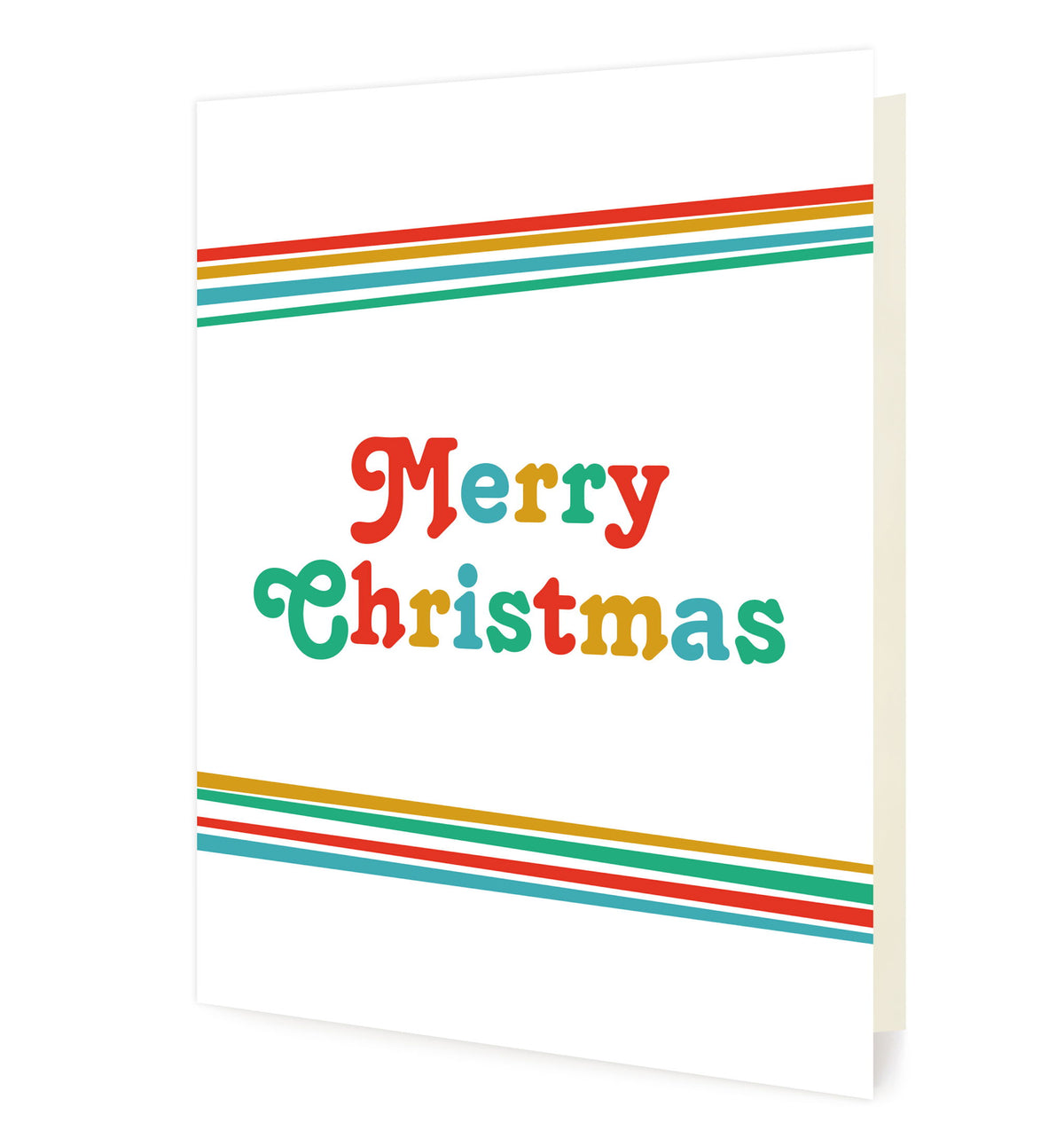 Big Christmas folded paper holiday card featuring bold multicolored "Merry Christmas" lettering in red, green, teal and gold on a white background with rainbow stripes along the top and bottom edges