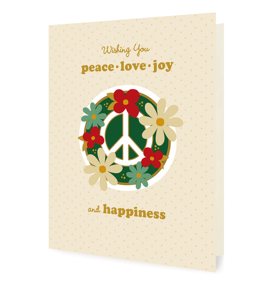 Blooming Peace Cream folded paper holiday card featuring a green peace sign surrounded by red, cream and teal flowers on a soft cream dotted background with the greeting "Wishing You peace, love, joy and happiness"