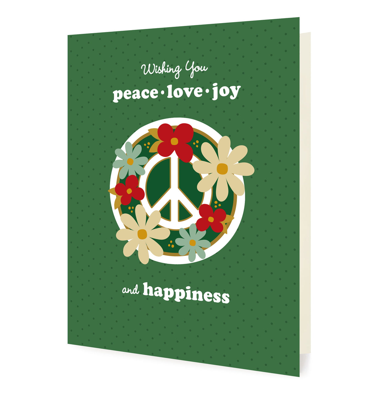 Blooming Peace Green folded paper holiday card featuring a green peace sign surrounded by red, cream and teal flowers on a soft green dotted background with the greeting "Wishing You peace, love, joy and happiness"