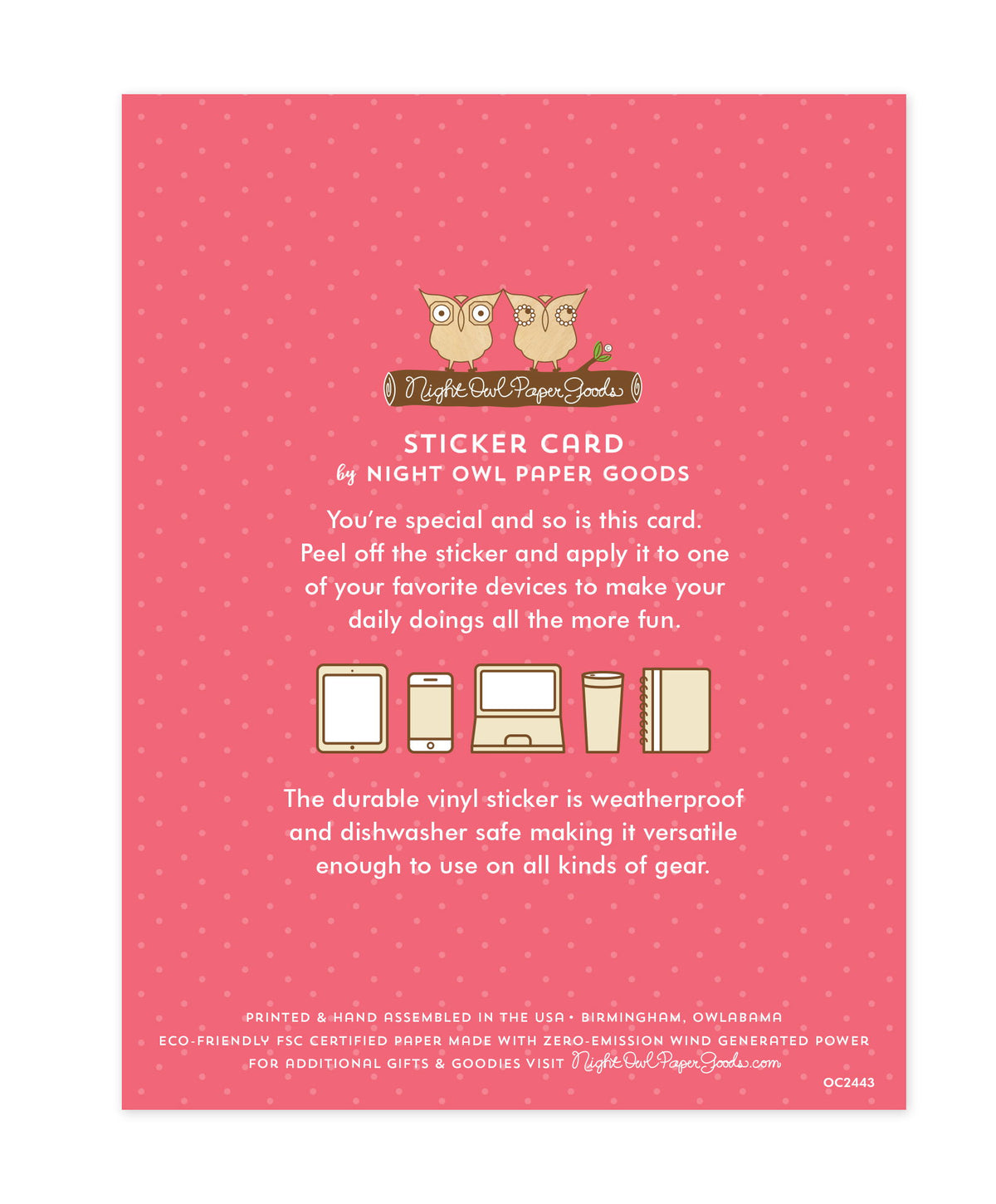 Back of sticker card with logo and text that reads "Sticker Card by Night Owl Paper Goods. You're special and so is this card. Peel off the sticker and apply it to one of your favorite devices to make your daily doings all the more fun. The durable vinyl sticker is weatherproof and dishwasher safe making it versatile enough to use on all kinds of gear. Printed and hand assembled in the USA. Birmingham, Owlabama. Eco-friendly, FSC certified paper made with zero emission wind-generated power."