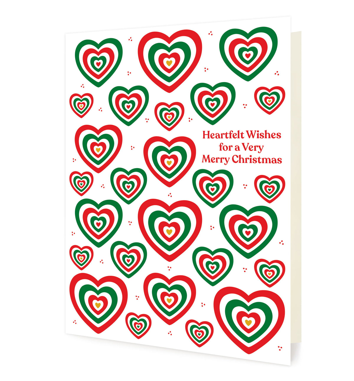 Heartfelt Wishes folded paper holiday card featuring bold red and green concentric hearts in various sizes scattered across a white background with the greeting "Heartfelt Wishes for a Very Merry Christmas"