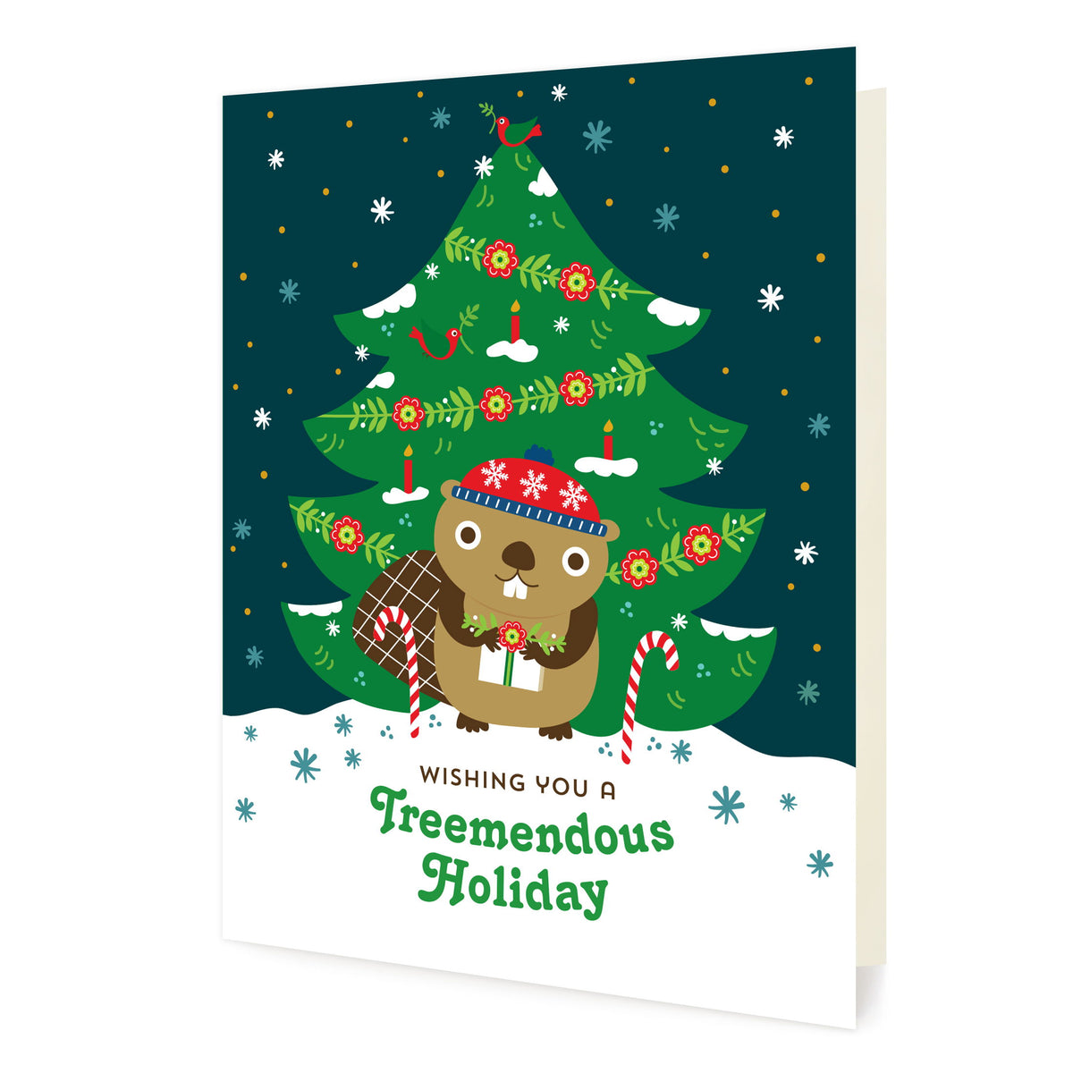 Treemendous Holiday folded paper holiday card featuring a beaver in a red winter hat holding a gift in front of a decorated Christmas tree with red flowers, candles and a red bird on top, with the greeting "Wishing you a Treemendous Holiday"