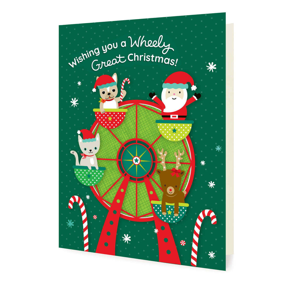 Wheely Christmas folded paper holiday card featuring Santa, reindeer, a dog and a cat riding a Ferris wheel in front of a snowy green background with a "Wishing you a Wheely Great Christmas!" greeting.