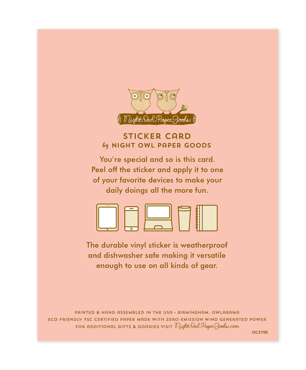 Back of sticker card with logo and text that reads "Sticker Card by Night Owl Paper Goods. You're special and so is this card. Peel off the sticker and apply it to one of your favorite devices to make your daily doings all the more fun. The durable vinyl sticker is weatherproof and dishwasher safe making it versatile enough to use on all kinds of gear. Printed and hand assembled in the USA. Birmingham, Owlabama. Eco-friendly, FSC certified paper made with zero emission wind-generated power."