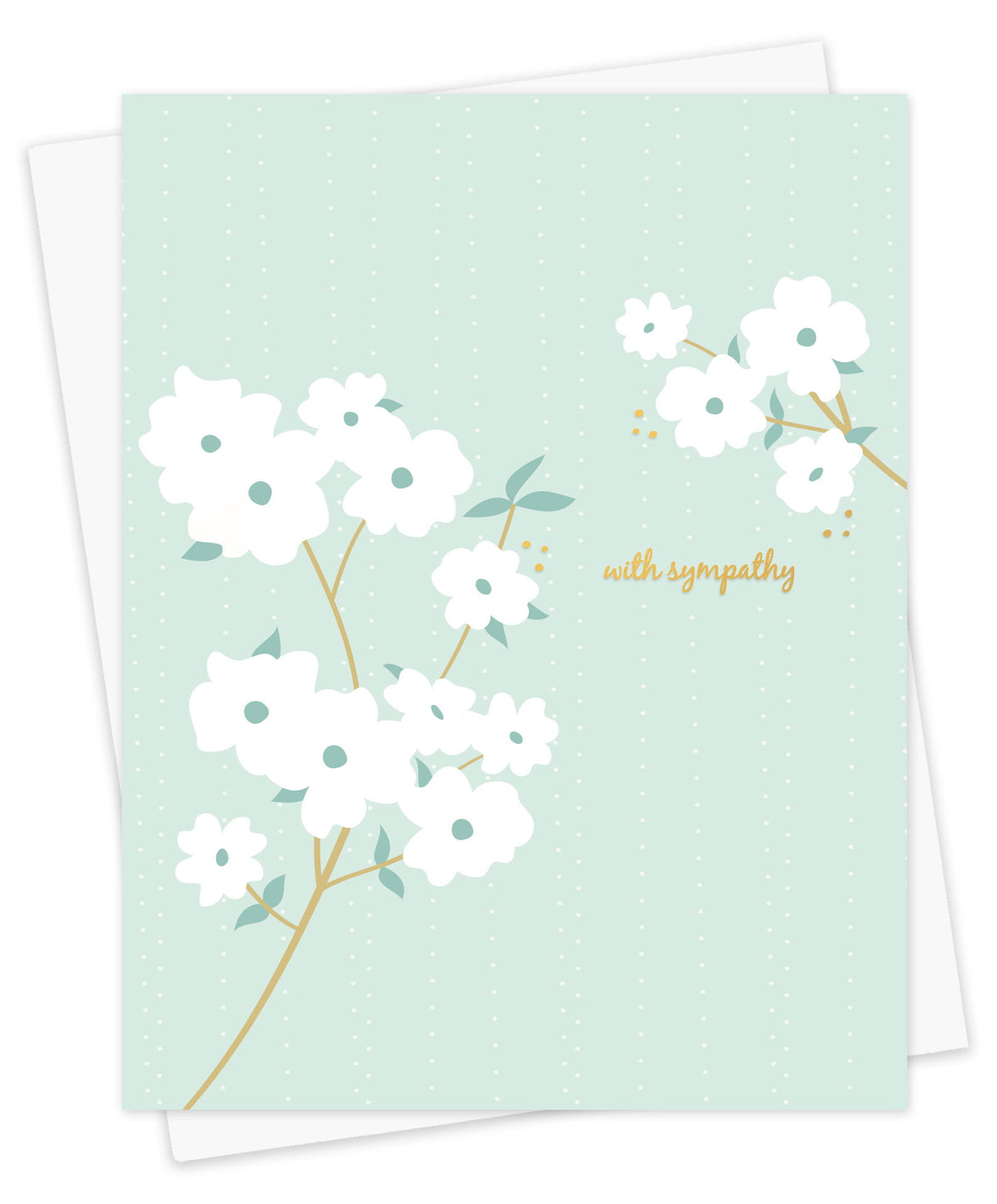 Sympathy card with white floral dogwood design, gold foil "with sympathy" message and subtle gold foil accents on a light blue background. Shown with a white envelope.