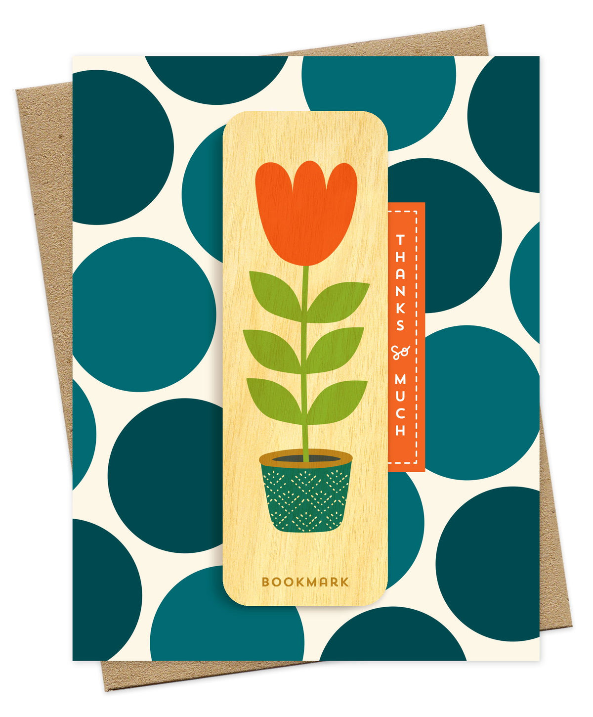 Folded thank you card with oversized teal polka dots on a cream background, Thanks So Much text and a removable birch wood bookmark featuring an orange tulip in a teal patterned pot. Pictured with a kraft envelope.