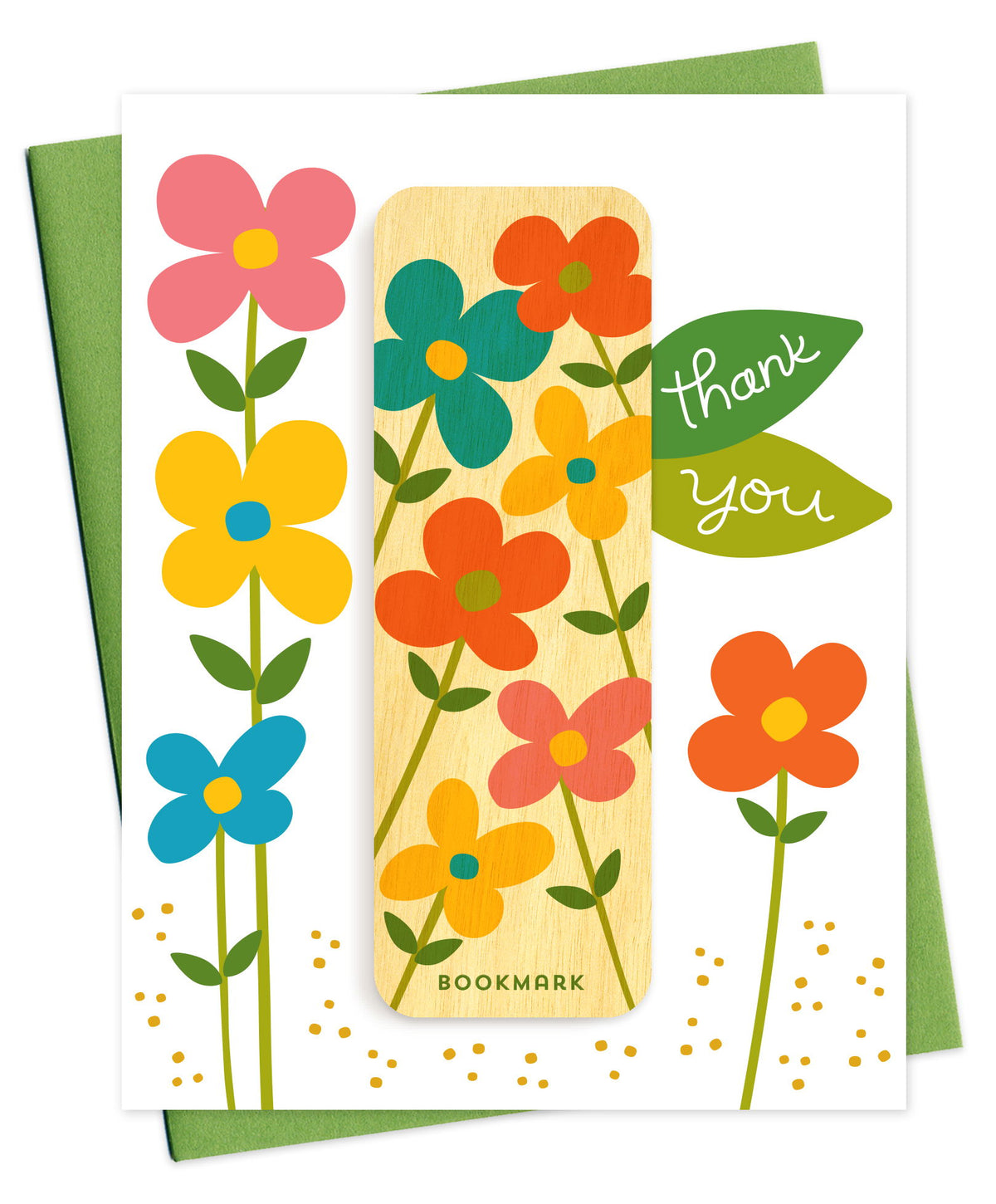 Folded thank you card with colorful retro flowers and golden confetti dots, thank you text on green leaves and a removable birch wood bookmark featuring flowers in teal orange pink and gold. Pictured with a green envelope.