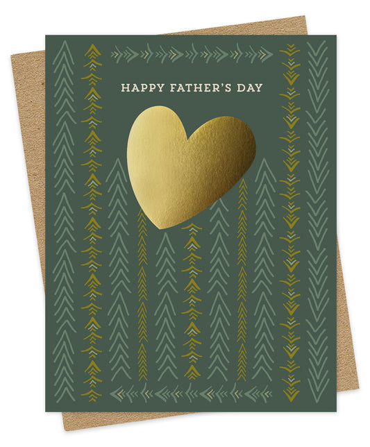 Father's Day card featuring a large gold foil heart, nature-inspired pattern and the message "Happy Father's Day." Shown with a kraft envelope.