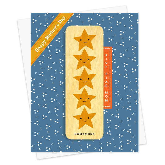 Folded Mother's Day card with a deep blue speckled background, Happy Mother's Day Five Star Mom text and a removable birch wood bookmark featuring five smiling gold stars. Pictured with a white envelope.
