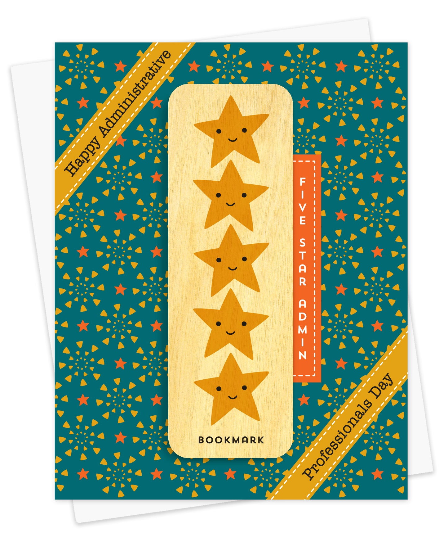 Folded Administrative Professionals Day card with a teal background, Happy Administrative Professionals Day and Five Star Admin greetings. It includes a removable birch wood bookmark with five sweet smiling gold stars. Pictured with a white envelope.