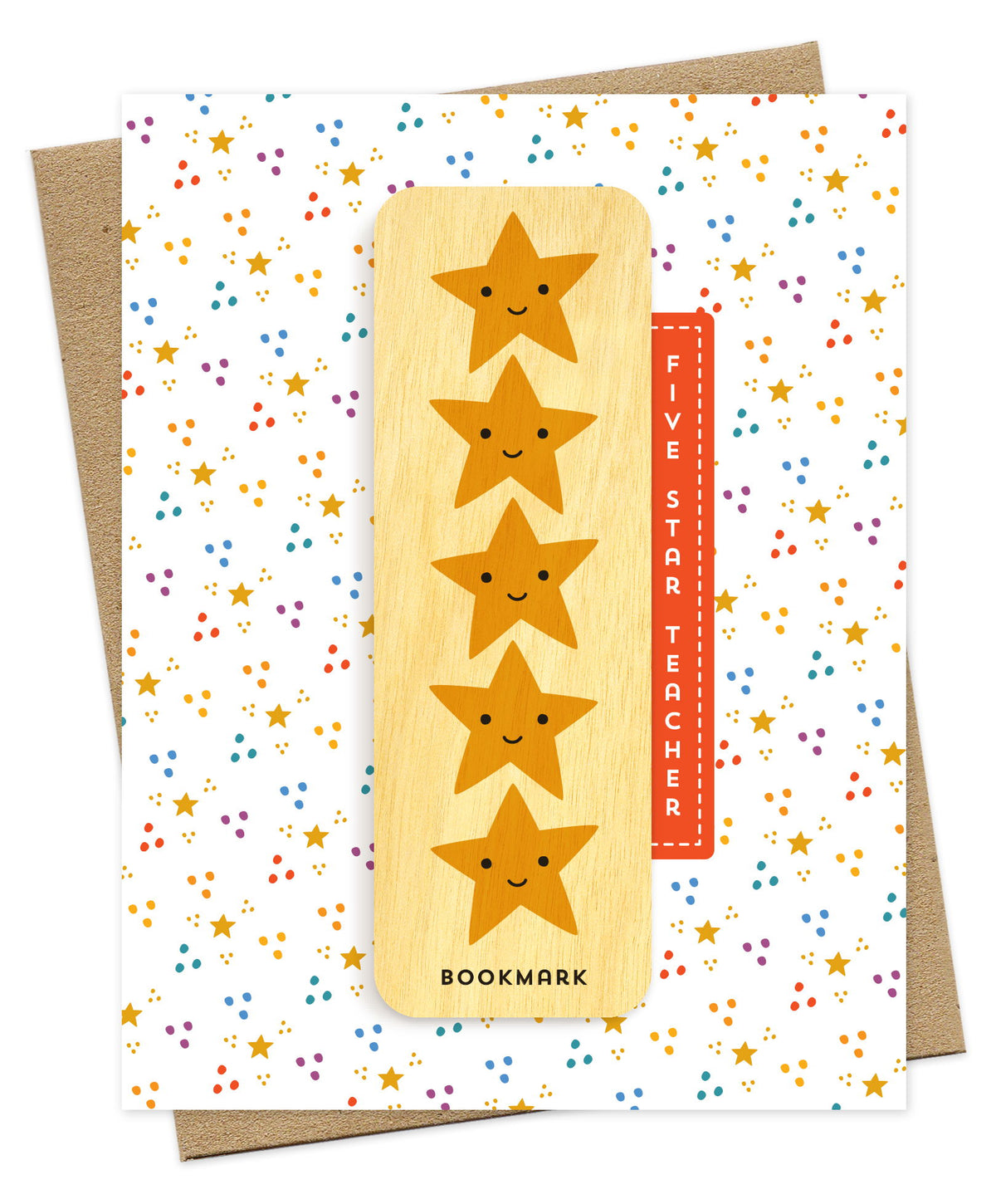 Folded teacher thank you card with a white background scattered with colorful confetti dots and stars, Five Star Teacher text and a removable birch wood bookmark featuring five smiling gold stars. Pictured with a kraft envelope.
