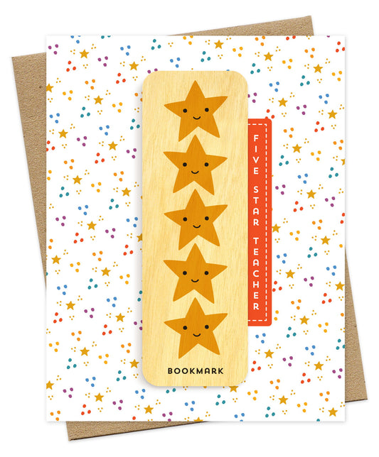 Folded teacher thank you card with a white background scattered with colorful confetti dots and stars, Five Star Teacher text and a removable birch wood bookmark featuring five smiling gold stars. Pictured with a kraft envelope.