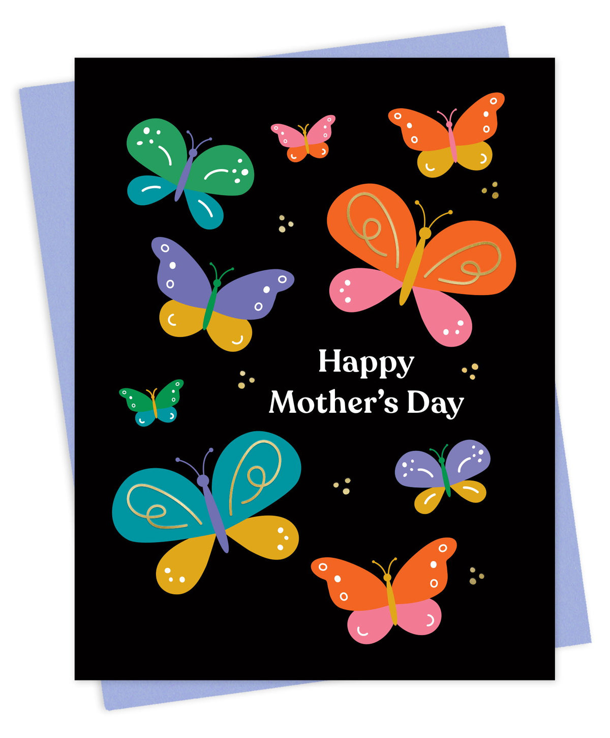 Mother's Day card with colorful butterflies, gold foil accents and "Happy Mother's Day" greeting on a black background. Shown with a lavender envelope.