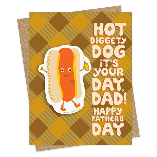 Father's Day card featuring a smiling hot dog sticker with the message "Hot Diggety Dog, It's Your Day, Dad! Happy Father's Day." Pictured with a kraft envelope.