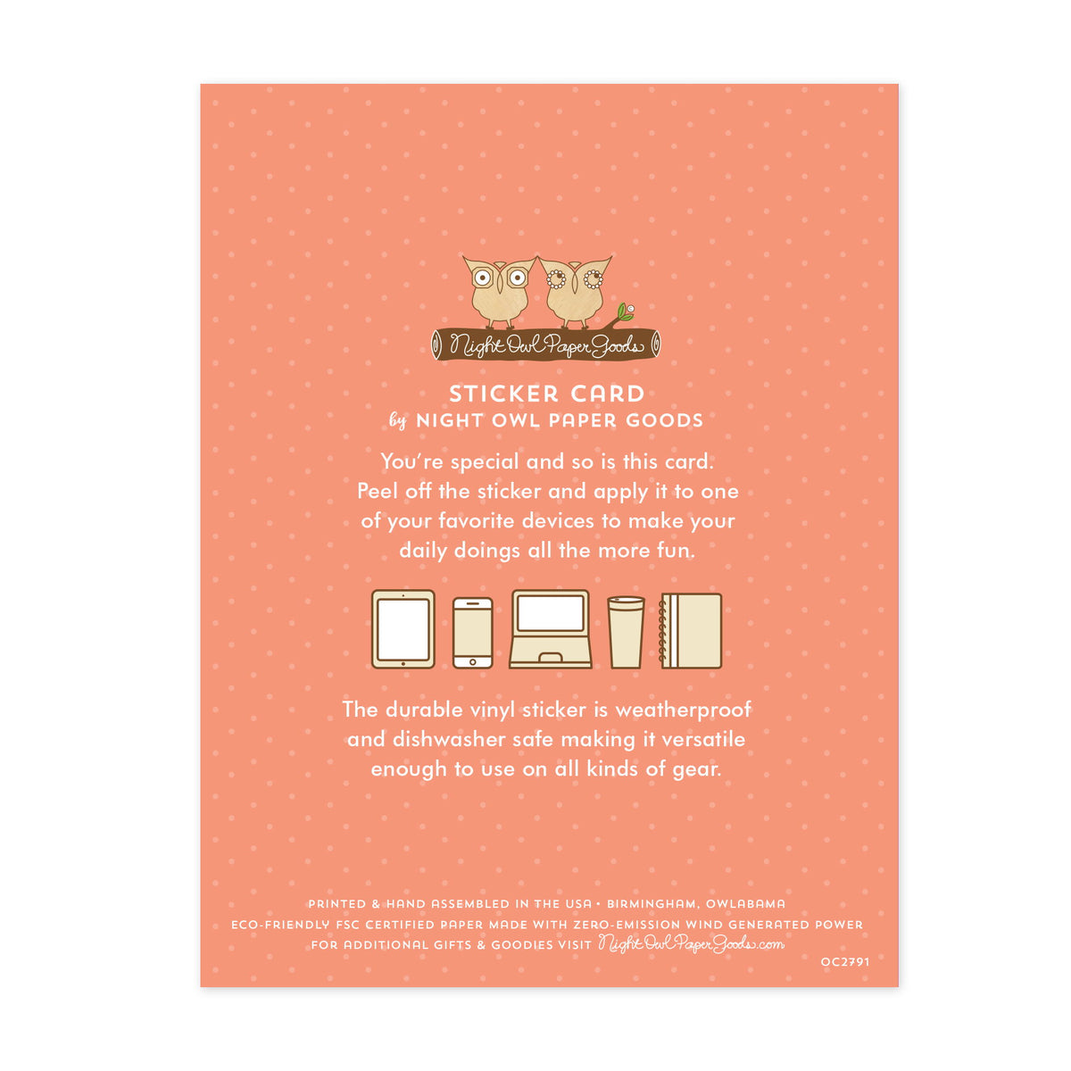 Back of sticker card with logo and text that reads "Sticker Card by Night Owl Paper Goods. You're special and so is this card. Peel off the sticker and apply it to one of your favorite devices to make your daily doings all the more fun. The durable vinyl sticker is weatherproof and dishwasher safe making it versatile enough to use on all kinds of gear. Printed and hand assembled in the USA. Birmingham, Owlabama. Eco-friendly, FSC certified paper made with zero emission wind-generated power."
