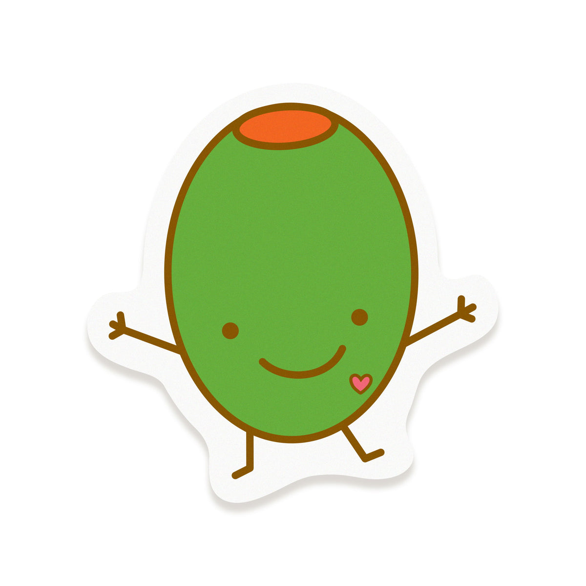 Smiling green olive vinyl sticker with a small red heart and outstretched arms.