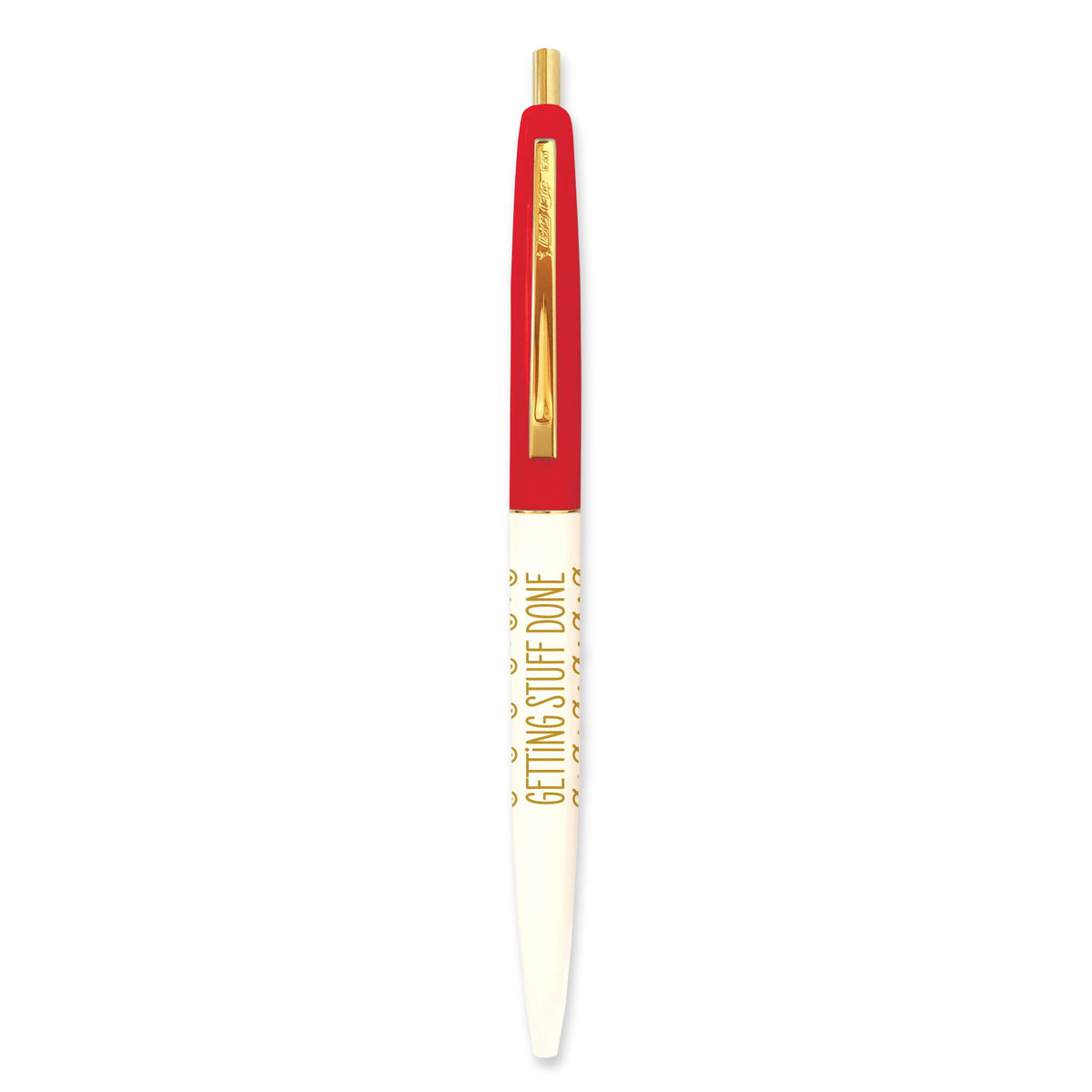 Red and white ballpoint pen with gold accents and gold "Getting Stuff Done" text.