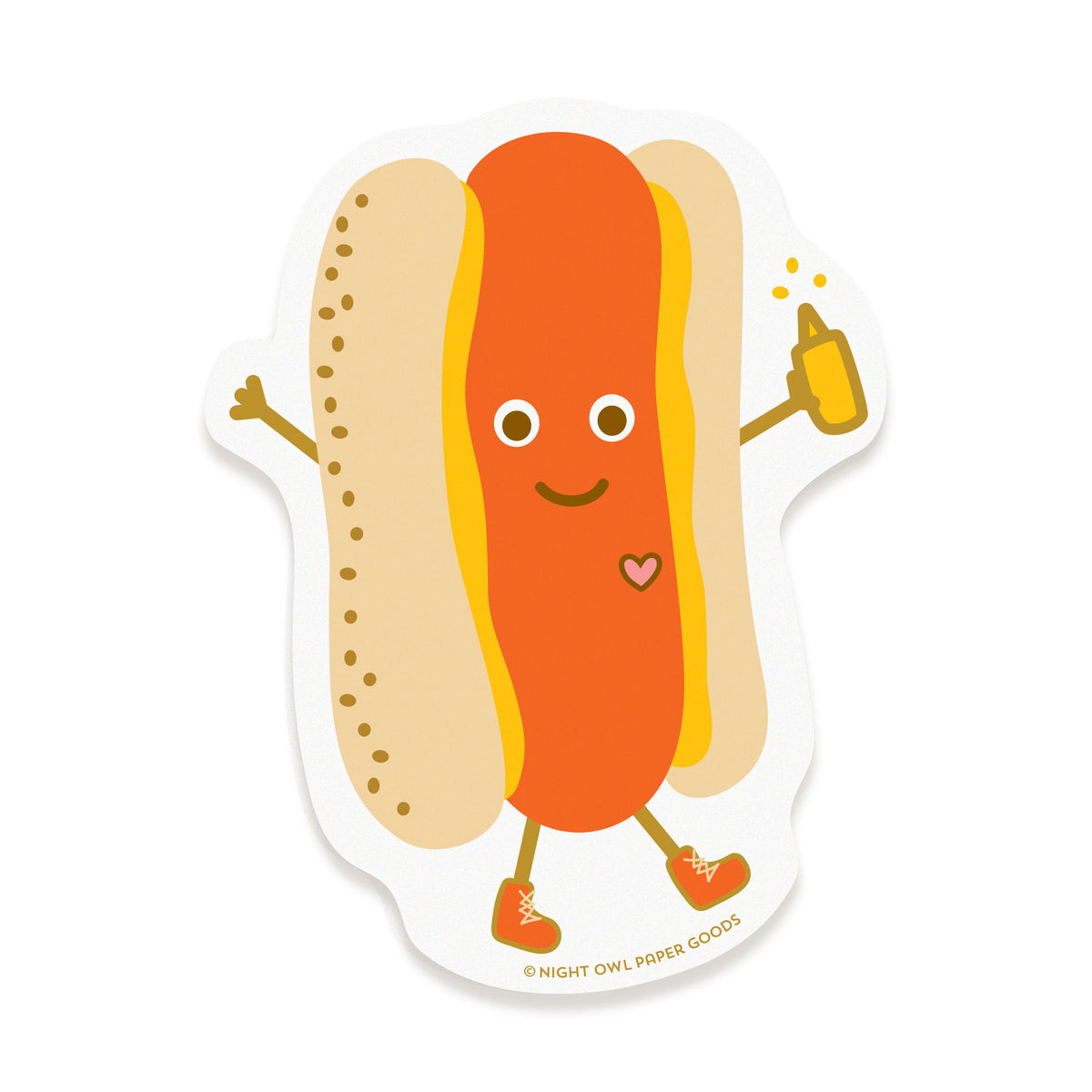 Vinyl sticker of a smiling hot dog with bun and mustard holding a bottle of mustard.