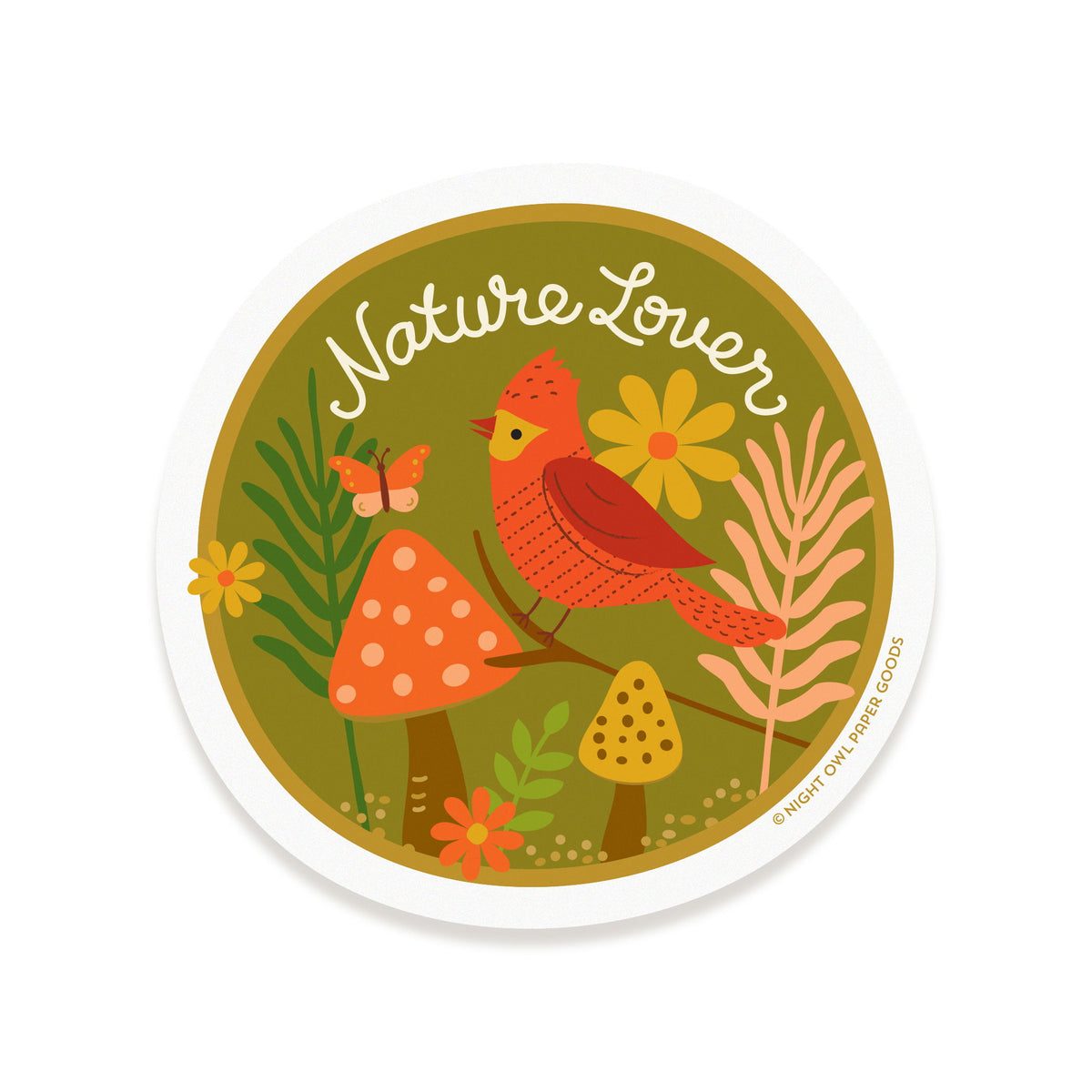 Sticker with a bird, flowers and mushrooms on a green background with 'Nature Lover' text.