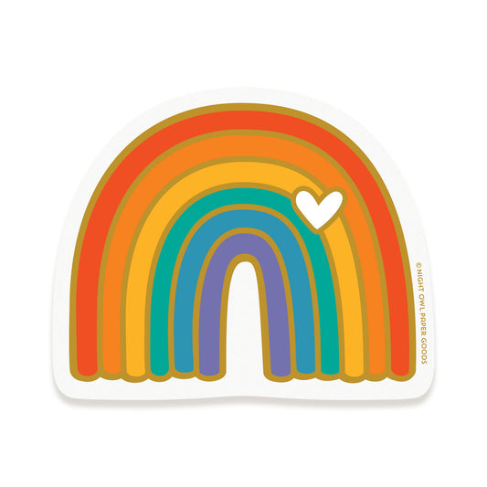 Vinyl sticker of a rainbow with a small white heart.