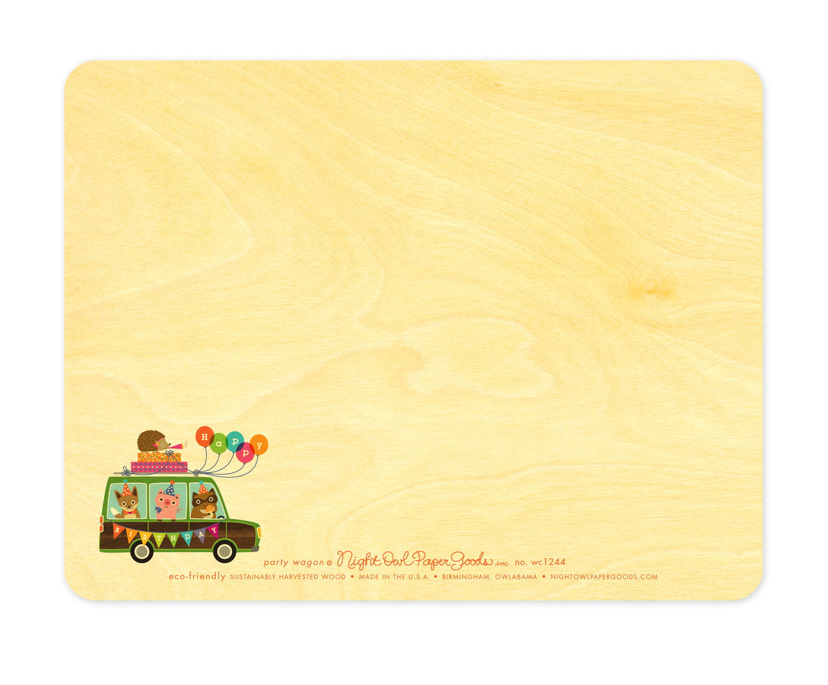 Back of wood card, which is predominantly blank for a handwritten personal greeting. Along the bottom is a small version of the front design, the company logo and text that reads "eco-friendly sustainably harvested wood - made in the usa - birmingham, owlabama - nightowlpapergoods.mom"