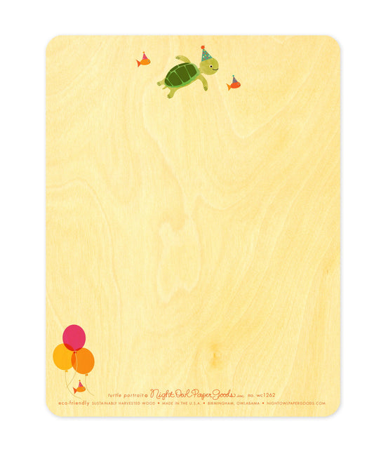 Back of Turtle Portrait wood birthday card, which features a small version of the front design at the top and plenty of space to write a personal greeting. Along the bottom is the company logo and text that reads "eco-friendly sustainably harvested wood - made in the usa - birmingham, owlabama - nightowlpapergoods.mom"