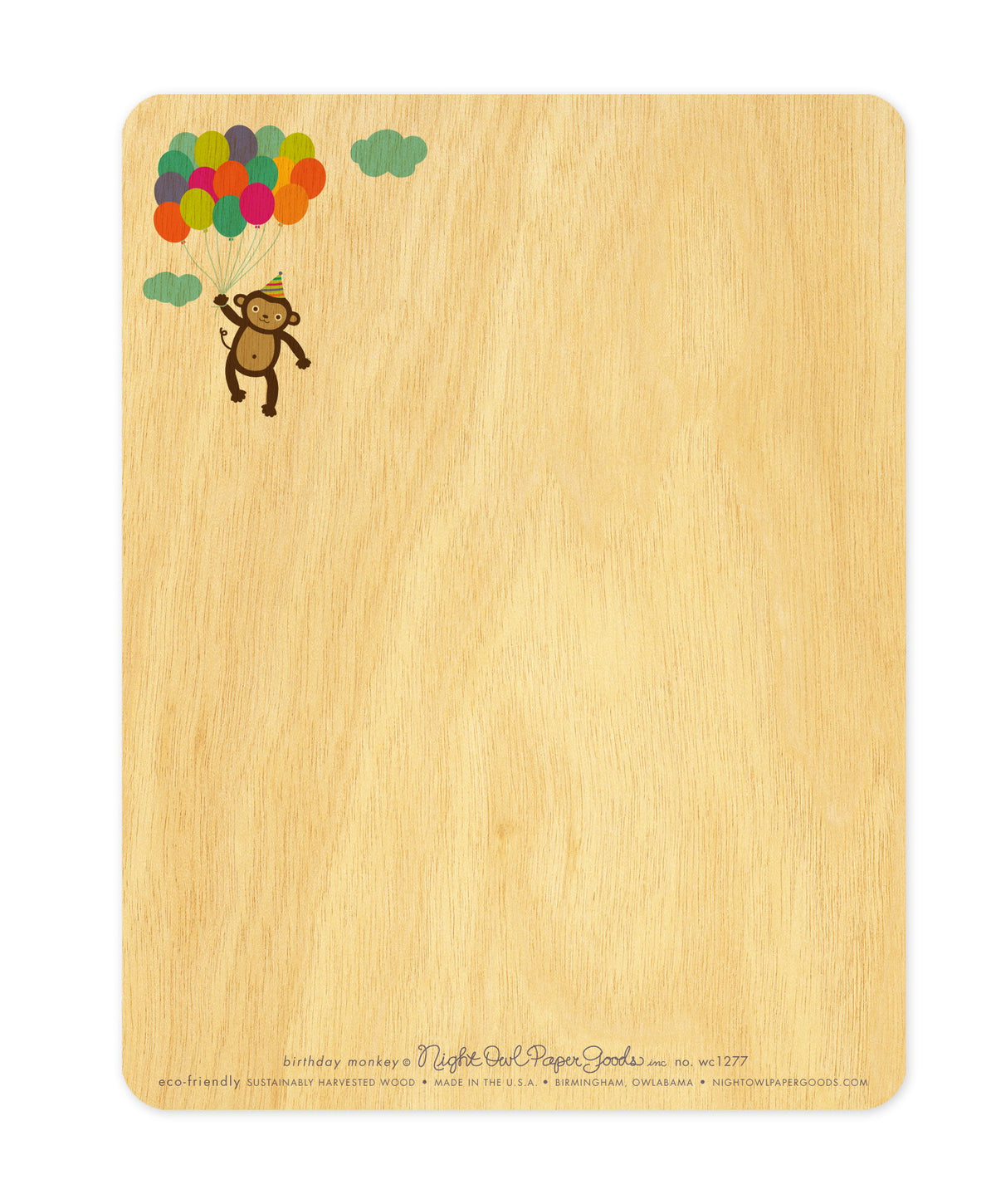 Back of Birthday Monkey wood card, which features a small version of the front design at the top and plenty of space to handwrite a personal greeting beneath. Along the bottom is the company logo and text that reads "eco-friendly sustainably harvested wood - made in the usa - birmingham, owlabama - nightowlpapergoods.mom"