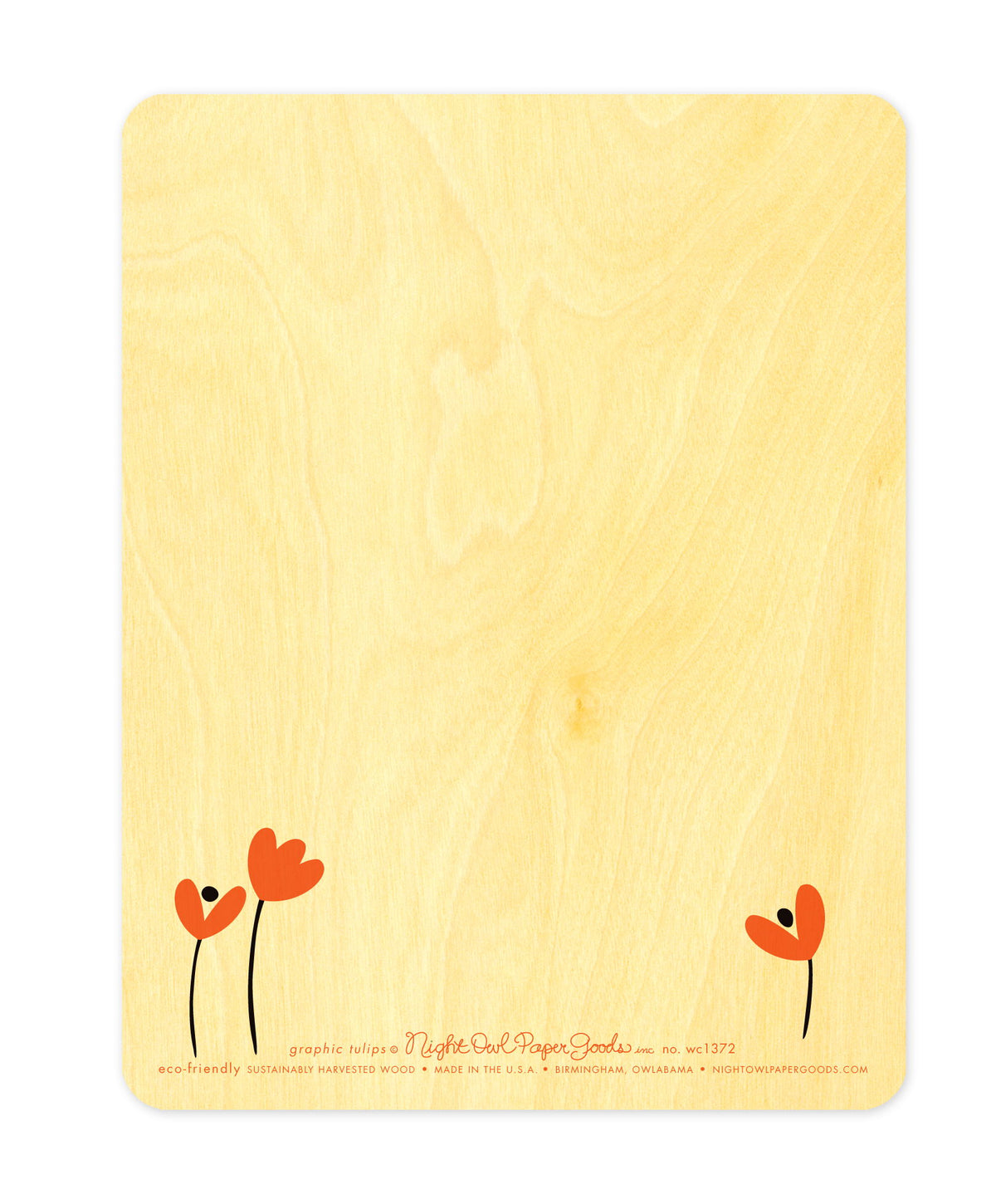 Back of Graphic Tulips wood thank you card, which is predominantly blank for a handwritten personal greeting. Along the bottom are small tulip designs, the company logo and text that reads "eco-friendly sustainably harvested wood - made in the usa - birmingham, owlabama - nightowlpapergoods.mom"