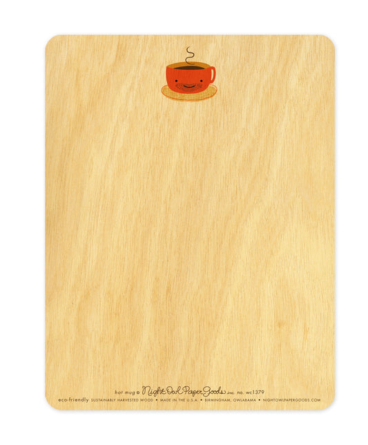 Back of Hot Mug wood love card, which features a small coffee mug design at the top and blank space for a handwritten message. Along the bottom is the company logo and text that reads "eco-friendly sustainably harvested wood - made in the usa - birmingham, owlabama - nightowlpapergoods.mom"
