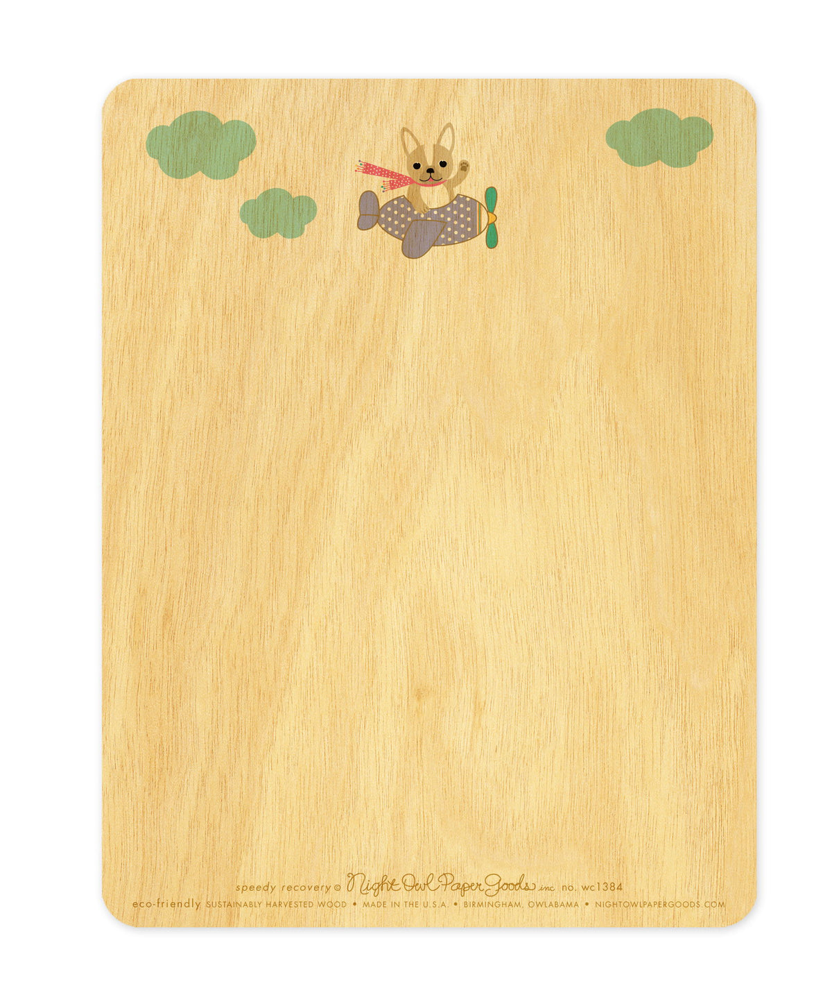 Back of Speedy Recovery wood get well card, which features small version of the front design at top a and space beneath to handwrite a personal greeting. The company logo and text that reads "eco-friendly sustainably harvested wood - made in the usa - birmingham, owlabama - nightowlpapergoods.mom" runs along the bottom.