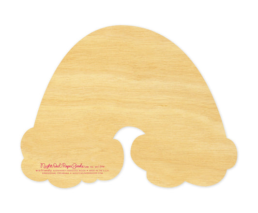 Back of Mom Rainbow wood Mother's Day card, which is die-cut in the shape of a rainbow and blank for a handwritten greeting. Company logo and text that reads "eco-friendly sustainably harvested wood - made in the usa - birmingham, owlabama - nightowlpapergoods.mom" appears very small on the lower left side.