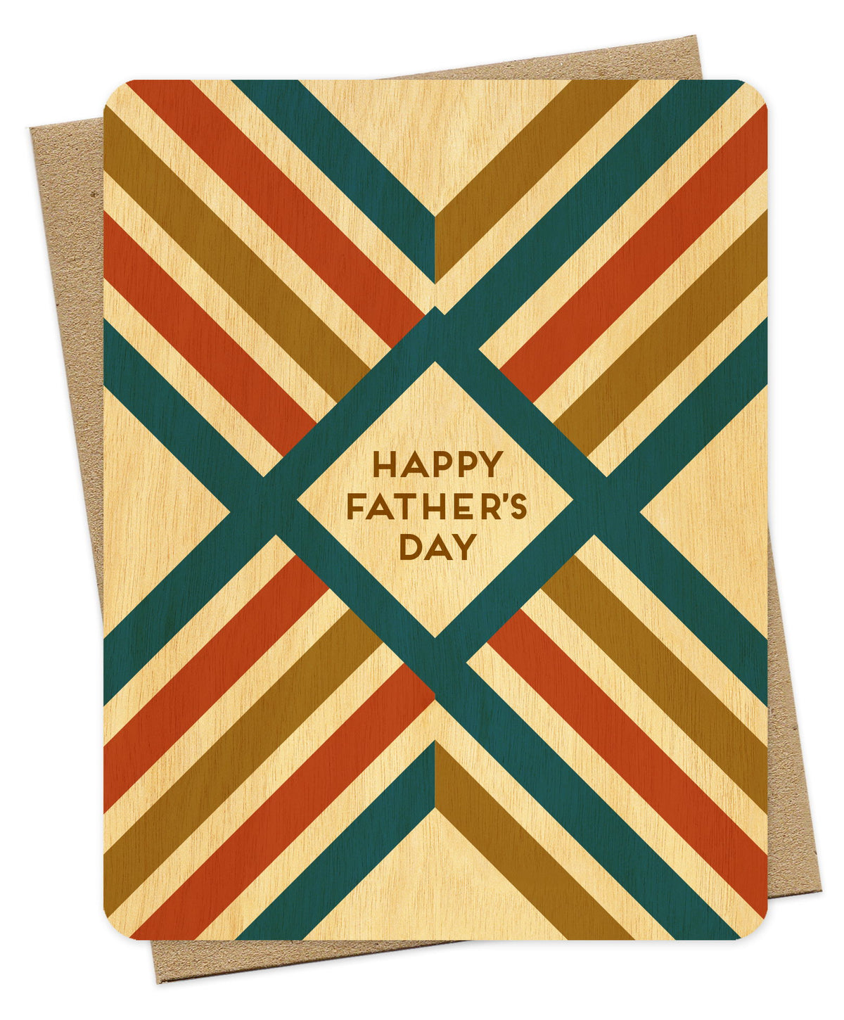 Wood Father's Day card with striped pattern in rust, teal and gold tones and 'Happy Father's Day' text