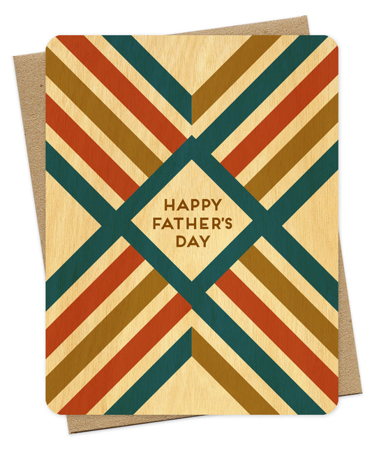 Wood Father's Day card with striped pattern in rust, teal and gold tones and 'Happy Father's Day' text