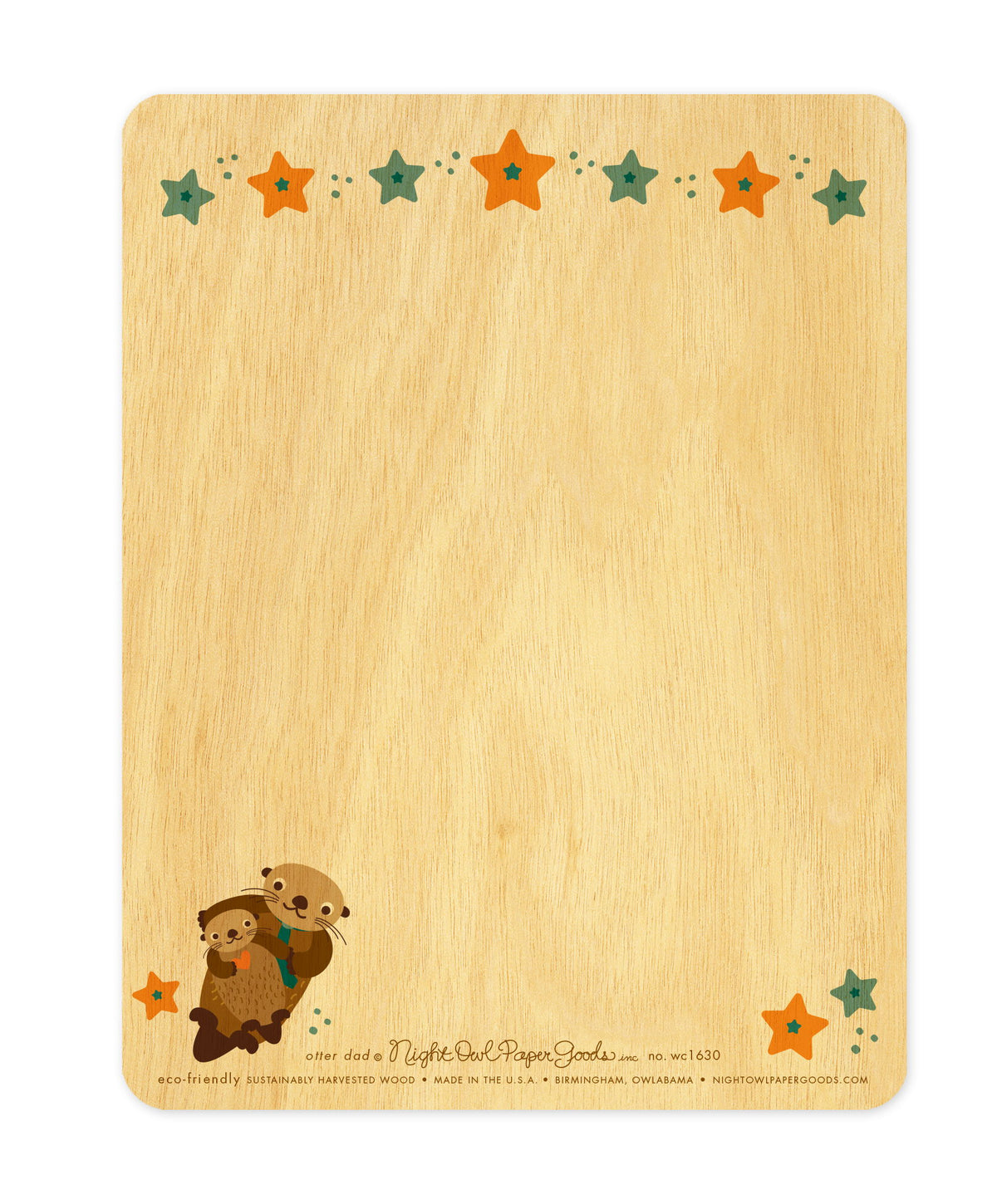 Back of Otter Dad Wood Father's Day Card with blue and orange stars at the top and bottom, an otter dad and baby otter in the bottom left corner and plenty of room for a handwritten message.