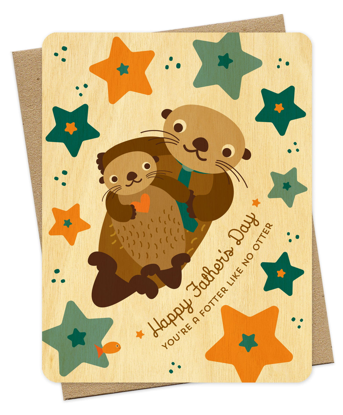 Wood Father's Day card featuring an otter dad and baby otter with the message "Happy Father's Day, You're a Father Like No Otter." Pictured with a kraft envelope.