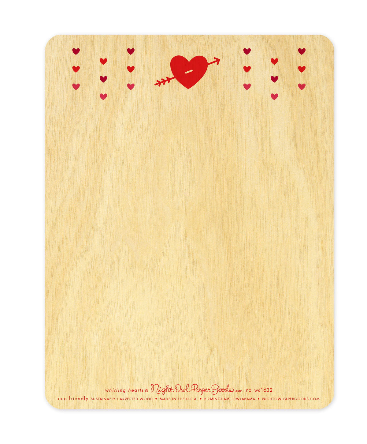 Back of Whirling Hearts wood card, which features small hearts at the top and plenty of space to write a personal greeting. Along the bottom is the company logo and text that reads "eco-friendly sustainably harvested wood - made in the usa - birmingham, owlabama - nightowlpapergoods.mom"