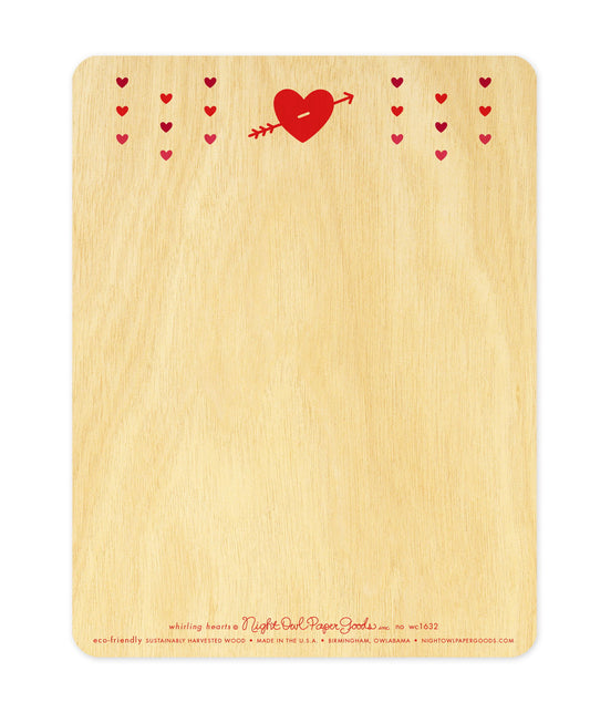 Back of Whirling Hearts wood card, which features small hearts at the top and plenty of space to write a personal greeting. Along the bottom is the company logo and text that reads "eco-friendly sustainably harvested wood - made in the usa - birmingham, owlabama - nightowlpapergoods.mom"