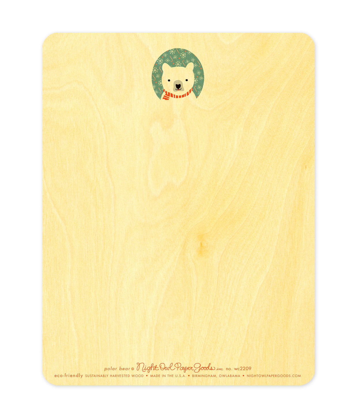 Back of Polar Bear wood holiday card, which features a small polar bear  design at the top and space for a handwritten message. Along the bottom is the company logo and text that reads "eco-friendly sustainably harvested wood - made in the usa - birmingham, owlabama - nightowlpapergoods.mom"
