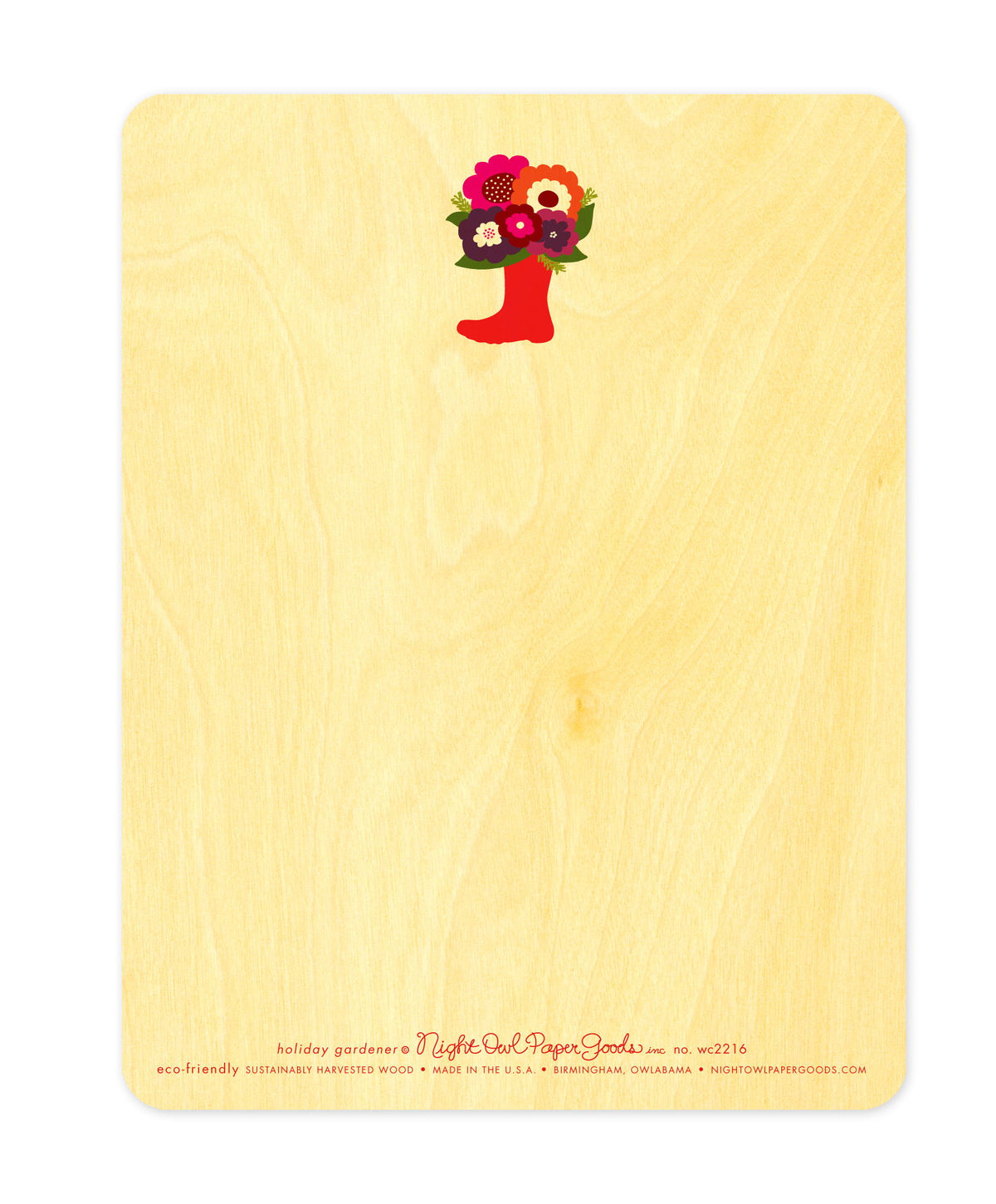 Back of Holiday Gardener wood holiday card, which features a small boot filled with flowers design at the top and space for a handwritten message. Along the bottom is the company logo and text that reads "eco-friendly sustainably harvested wood - made in the usa - birmingham, owlabama - nightowlpapergoods.mom"