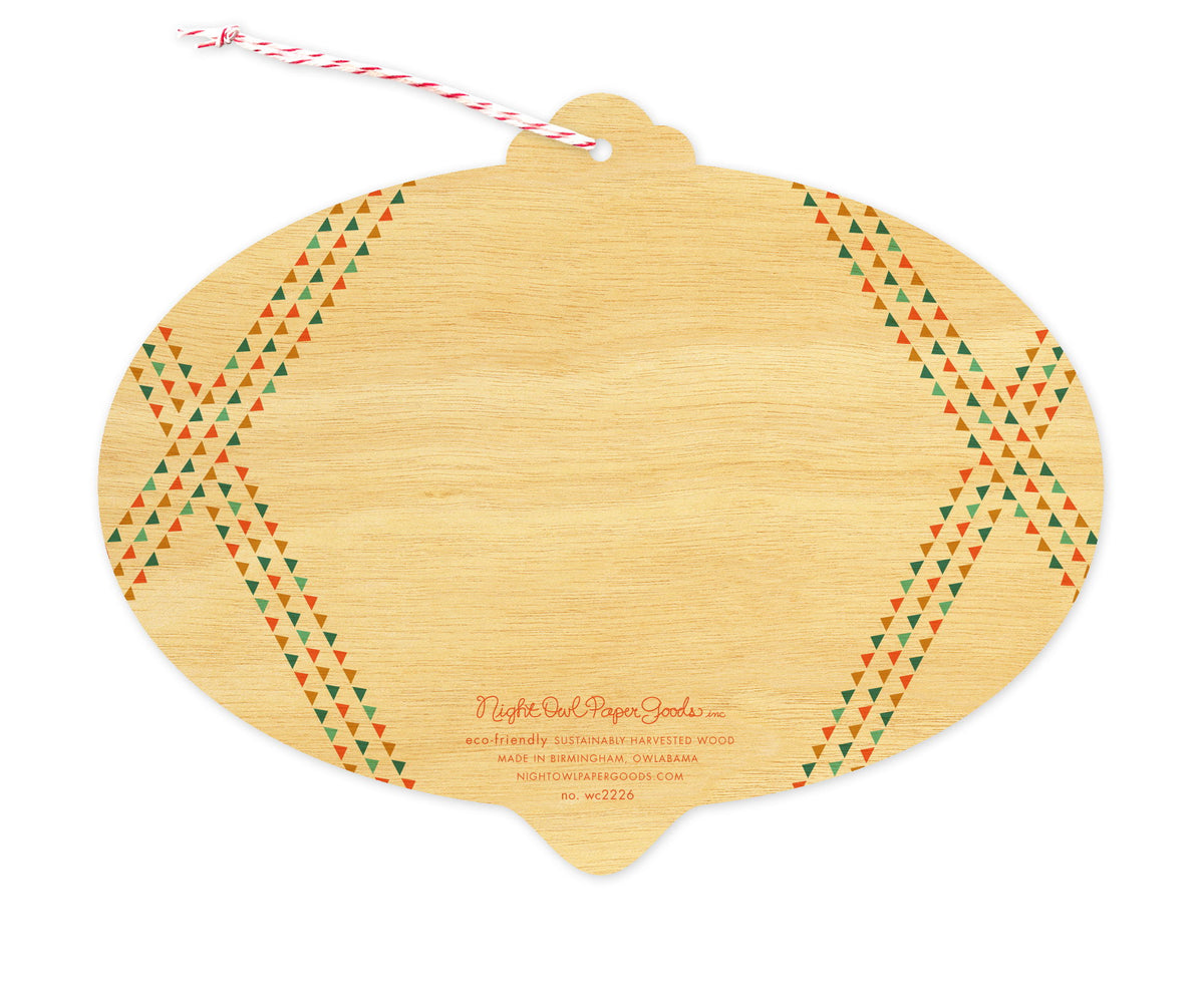 Back of Folksy Bulb wood holiday ornament card, which is die-cut in the shape of a bulb and features triangle line design elements on the sides and space to write a personal greeting. Along the bottom is the company logo and text that reads "eco-friendly sustainably harvested wood - made in  birmingham, owlabama - nightowlpapergoods.mom"
