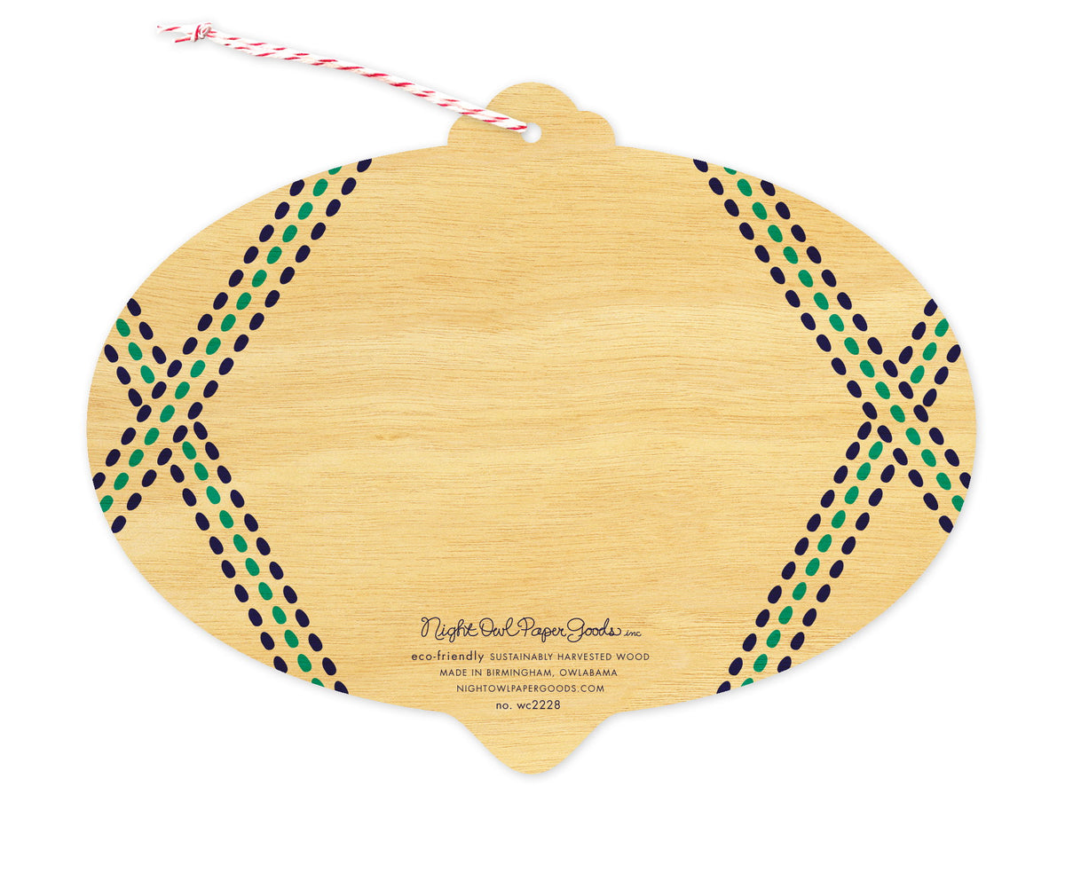 Back of Goodwill Gingham holiday ornament card, which is die-cut in the shape of a bulb and features dotted line design elements on the sides and space to write a personal greeting. Along the bottom is the company logo and text that reads "eco-friendly sustainably harvested wood - made in  birmingham, owlabama - nightowlpapergoods.mom"