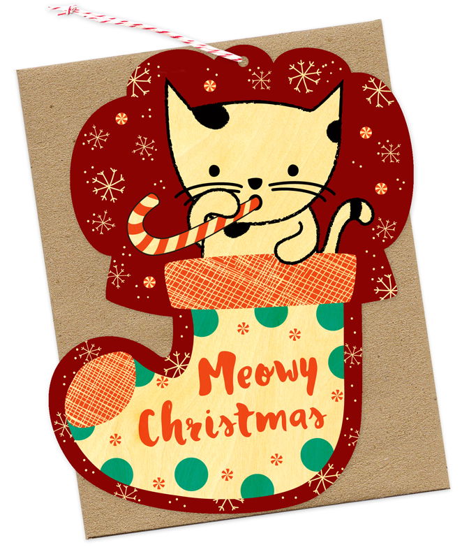 Photo of Kitty Stocking Wood Ornament Cards & Enamel Pin Set