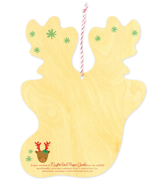 Back of Bright Reindeer Wood Holiday Card & Ornament, which features snowflake design elements on the top and space to write a personal greeting. Along the bottom is the company logo and text that reads "eco-friendly sustainably harvested wood - made in  birmingham, owlabama - nightowlpapergoods.mom"
