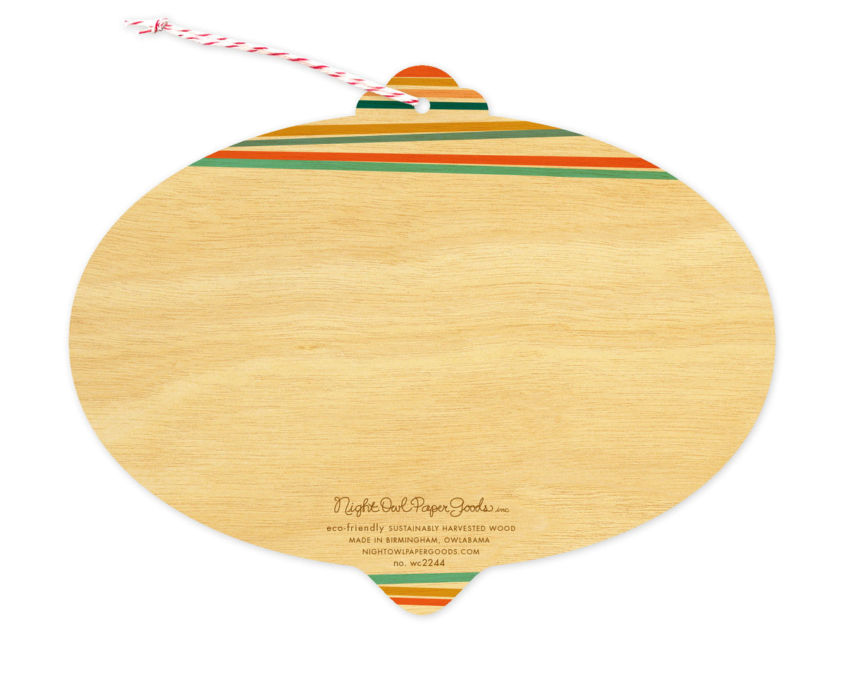 Back of Happy Stripes wood holiday ornament card, which is die-cut in the shape of a bulb. Features a few corresponding stripes at the top and room for a handwritten message. Along the bottom is the company logo and text that reads "eco-friendly sustainably harvested wood - made in the usa - birmingham, owlabama - nightowlpapergoods.mom"
