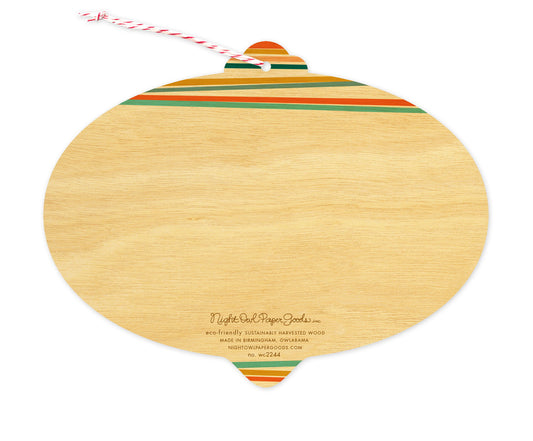 Back of Happy Stripes wood holiday ornament card, which is die-cut in the shape of a bulb. Features a few corresponding stripes at the top and room for a handwritten message. Along the bottom is the company logo and text that reads "eco-friendly sustainably harvested wood - made in the usa - birmingham, owlabama - nightowlpapergoods.mom"