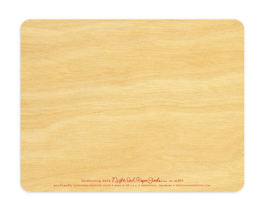 Back of Denim Dad wood Father's Day card, which is predominantly blank for a handwritten personal greeting.  The company logo and text that reads "eco-friendly sustainably harvested wood - made in the usa - birmingham, owlabama - nightowlpapergoods.mom" runs along the bottom.