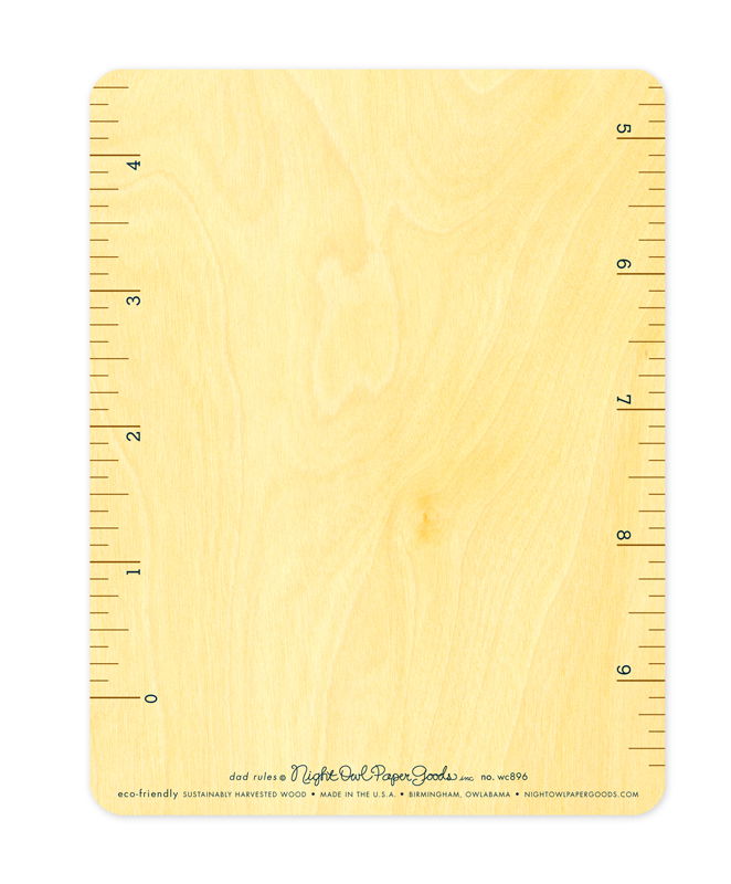 Back of Dad Rules Father's Day Card with a ruler design on the left and right edges and plenty of room for a handwritten message in between.