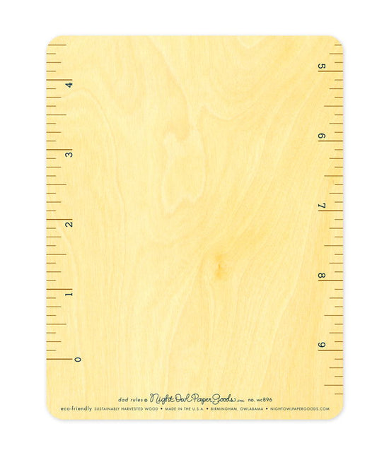 Back of Dad Rules Father's Day Card with a ruler design on the left and right edges and plenty of room for a handwritten message in between.
