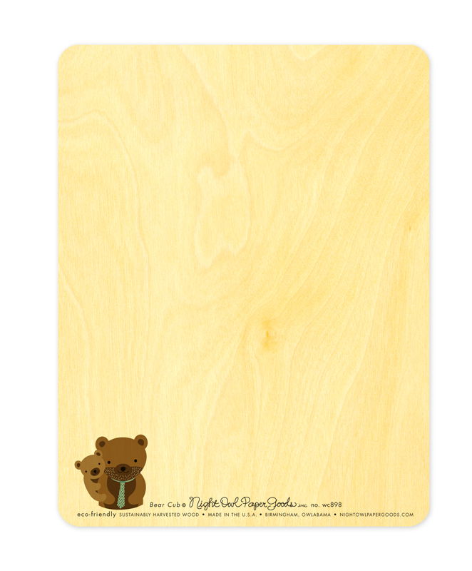 Back of Bear Cub Wood Father's Day Card with small dad and cub illustration in the lower left corner and plenty of room for a handwritten message.